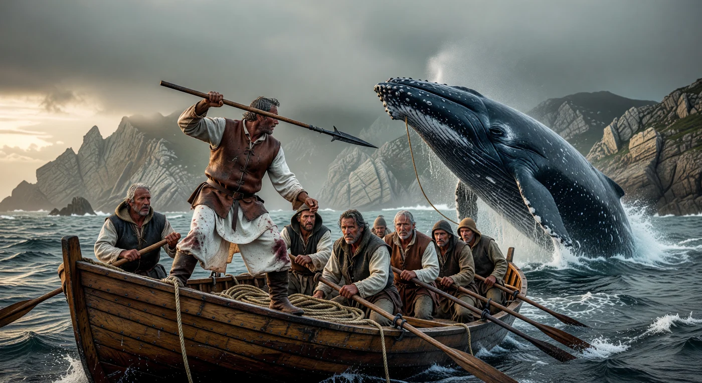 12世紀、荒れ狂うビスケー湾で、バスク人の捕鯨員たちが頑丈な木造ボートから北大西洋セミクジラに挑む緊迫の瞬間が描かれています。塩にまみれたリネンの衣服と煮なめし革の防具を身に纏った男たちが、手打ちの鉄製銛を構えて巨大な獲物を追う姿は、中世の過酷な海洋産業の実態を鮮明に伝えています。この時代、バスク地方の卓越した捕鯨技術はヨーロッパ全域に鯨油や肉を供給する重要な経済基盤であり、彼らの命を懸けた航海術は後の大航海時代の先駆けとなりました。