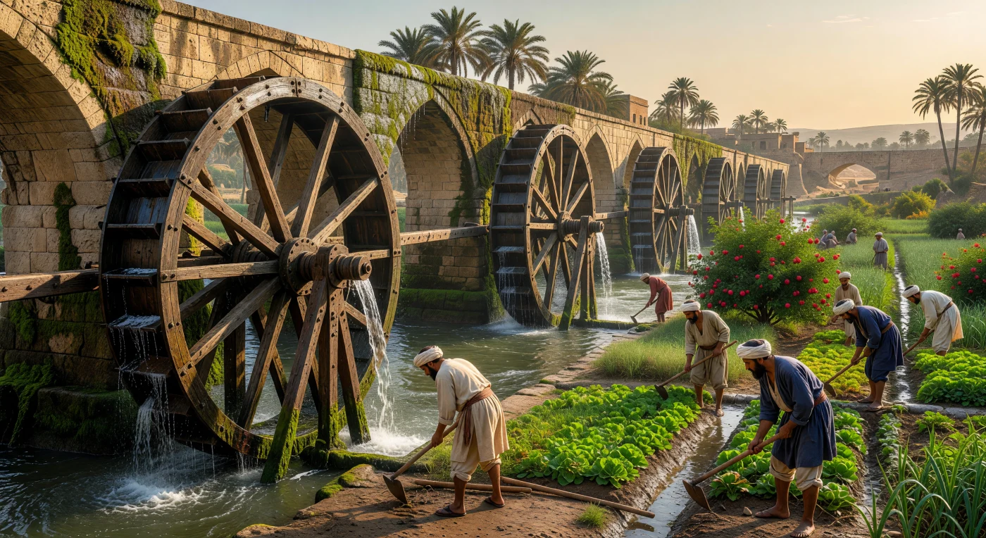 Deze indrukwekkende reconstructie toont de reusachtige houten noria's van Hama, die met hun enorme diameter onvermoeibaar het water van de Orontes naar de stenen aquaducten tilden. Tijdens het Mamlukken-sultanaat in de 14e eeuw vormden deze vernuftige waterwielen de technologische ruggengraat van de regio, waardoor boeren — de fellahin — hun gewassen konden irrigeren in een verder droog landschap. Het samenspel van krakend hout, gesmeed ijzer en de nevel van het opspattende water illustreert de geavanceerde waterbouwkunde die het middeleeuwse Syrië tot een vruchtbaar centrum van handel en landbouw maakte.