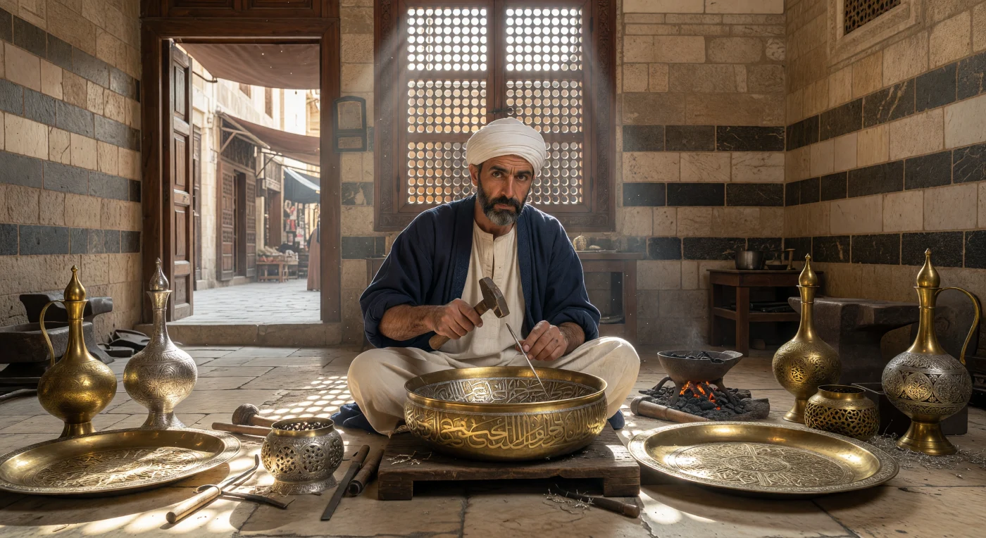A master craftsman in a 14th-century Damascus workshop meticulously inlays fine silver wire into a brass basin, a technique known as damascening that reached its artistic zenith during the Mamluk Sultanate. The atelier features characteristic Ablaq masonry and a carved walnut mashrabiya window, which filters the Mediterranean sunlight to illuminate finished ewers and incense burners. These intricate metalworks, blending complex calligraphy with geometric patterns, were among the most prestigious luxury exports of the medieval Islamic world, highly sought after by elites from Cairo to Venice.
