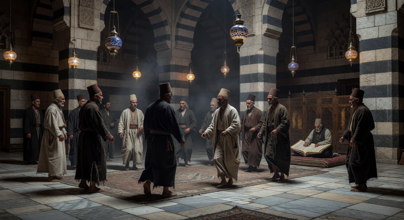 This scene depicts a group of Sufi mystics engaged in a communal dhikr ceremony within the stone-vaulted hall of a 14th-century Mamluk khanqah in Cairo. The practitioners wear traditional coarse wool robes known as khirqa, illuminated by the amber glow of enameled glass lamps that showcase the period's mastery of calligraphy and glasswork. The surrounding ablaq masonry and intricate muqarnas carvings reflect the architectural grandeur of the Mamluk Sultanate, where such institutions served as vital centers for spiritual devotion and scholarly study.