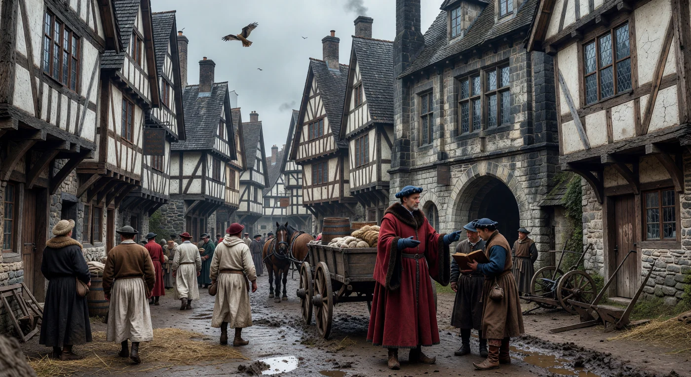 15세기 북유럽의 활기찬 상업 거리를 묘사한 이 장면은 층마다 돌출된 목조 가옥들과 진흙으로 뒤덮인 좁은 길을 통해 중세 후기 도시의 전형적인 풍경을 보여줍니다. 모피를 덧댄 화려한 우플랑드를 입은 상인이 양모 뭉치를 실은 마차 옆에서 협상에 몰두하는 모습은 당시 부상하던 부르주아 계급의 경제적 영향력을 잘 나타냅니다. 배경의 석조 길드 홀과 정교한 납유리창은 소빙하기의 서늘한 대기 속에서도 번영했던 상업 공동체의 권위와 중세에서 르네상스로 이행하던 시대적 전환기를 생생하게 증언합니다.