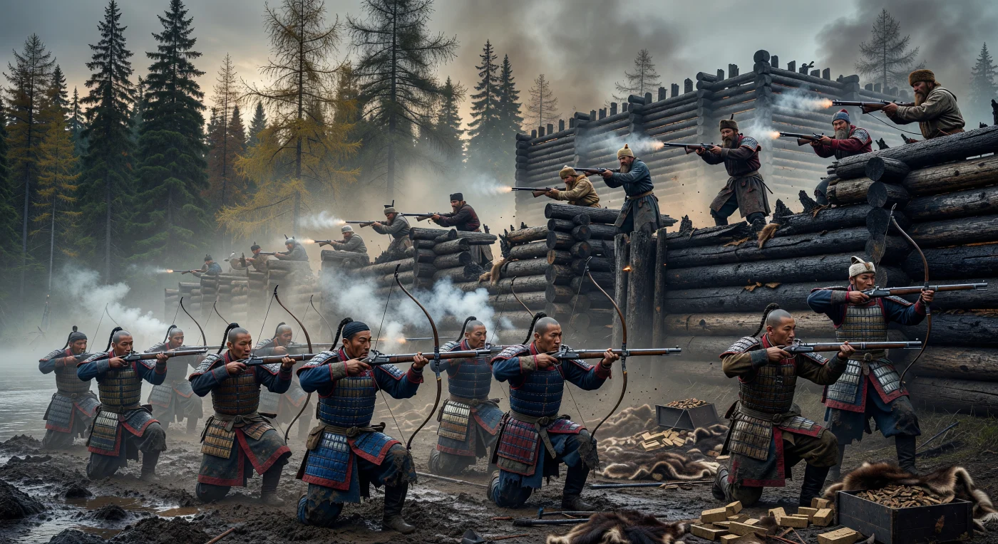 1685년 아무르강 유역에서 벌어진 알바진 공성전의 긴박한 순간으로, 화승총과 복합궁으로 무장한 청나라 만주군이 러시아의 목조 요새인 '오스트로그'를 향해 거세게 진격하고 있습니다. 거친 수염의 코사크 수비대원들이 통나무 성벽 뒤에서 피슈찰 소총을 발사하며 저항하는 가운데, 진흙탕에 짓밟힌 담비 모피와 벽돌차 더미는 당시 이 지역의 핵심 이권이었던 모피 무역을 둘러싼 치열한 갈등을 상징합니다. 이 장면은 유라시아의 주도권을 두고 동진하던 러시아 제국과 이를 저지하려는 청나라가 충돌했던 역사적 전환점을 생생하게 보여줍니다.