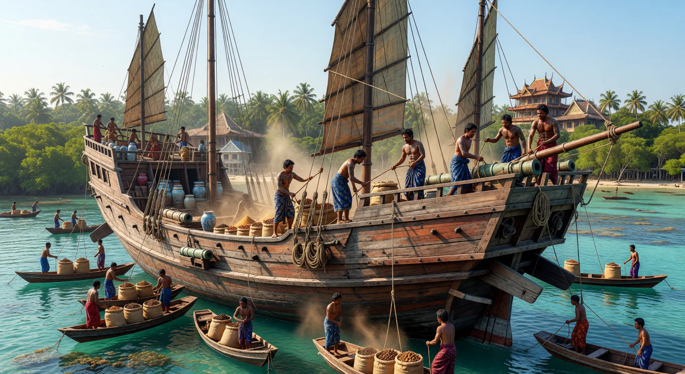 16세기 멜라카 항구의 투명한 바다 위로, 철못 없이 오직 목재 다보와 여러 겹의 판재만으로 건조된 거대한 자바식 범선 '종(Jong)'이 웅장한 위용을 드러내고 있습니다. 바틱 사롱을 입은 선원들이 황금빛 아침 햇살 아래 정향과 육두구가 가득 담긴 자루를 분주히 옮기는 이 장면은, 당시 유럽 탐험가들을 압도했던 동남아시아 해상 무역의 황금기와 정교한 조선 기술을 생생하게 증언합니다.