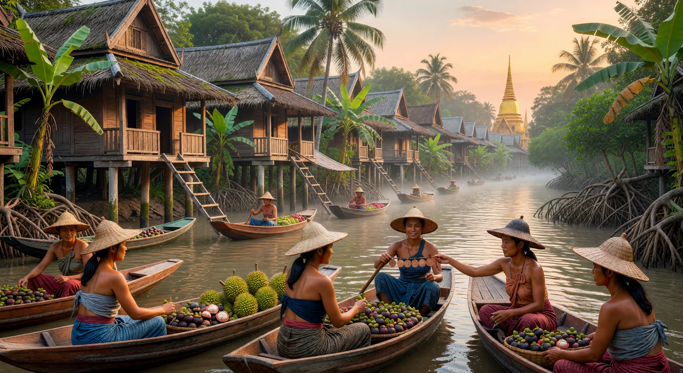 In the golden light of dawn, Siamese merchants navigate the bustling canals of 16th-century Ayutthaya in hand-carved teak canoes laden with native durians and mangosteens. The scene illustrates the "garden city" layout of the Siamese capital, where vernacular bamboo stilt houses lined the waterways that served as the primary arteries of daily life and commerce. The exchange of Chinese copper cash coins highlights the kingdom's pivotal role as a cosmopolitan trade hub during Southeast Asia’s "Age of Commerce," blending local maritime traditions with regional economic networks.