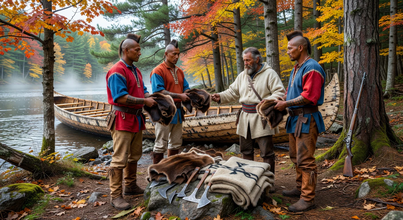 Set along the misty banks of the St. Lawrence River circa 1720, this scene illustrates a strategic encounter between Haudenosaunee traders and a French voyageur during the height of the fur trade. The exchange of thick beaver pelts for iron tomahawks and heavy wool blankets highlights the complex material interdependence between Indigenous nations and European settlers. The presence of the large birchbark canoe and the fusion of traditional buckskin with European trade cloth reflects the cultural synthesis and sophisticated logistics that powered the Early Modern economy in North America.