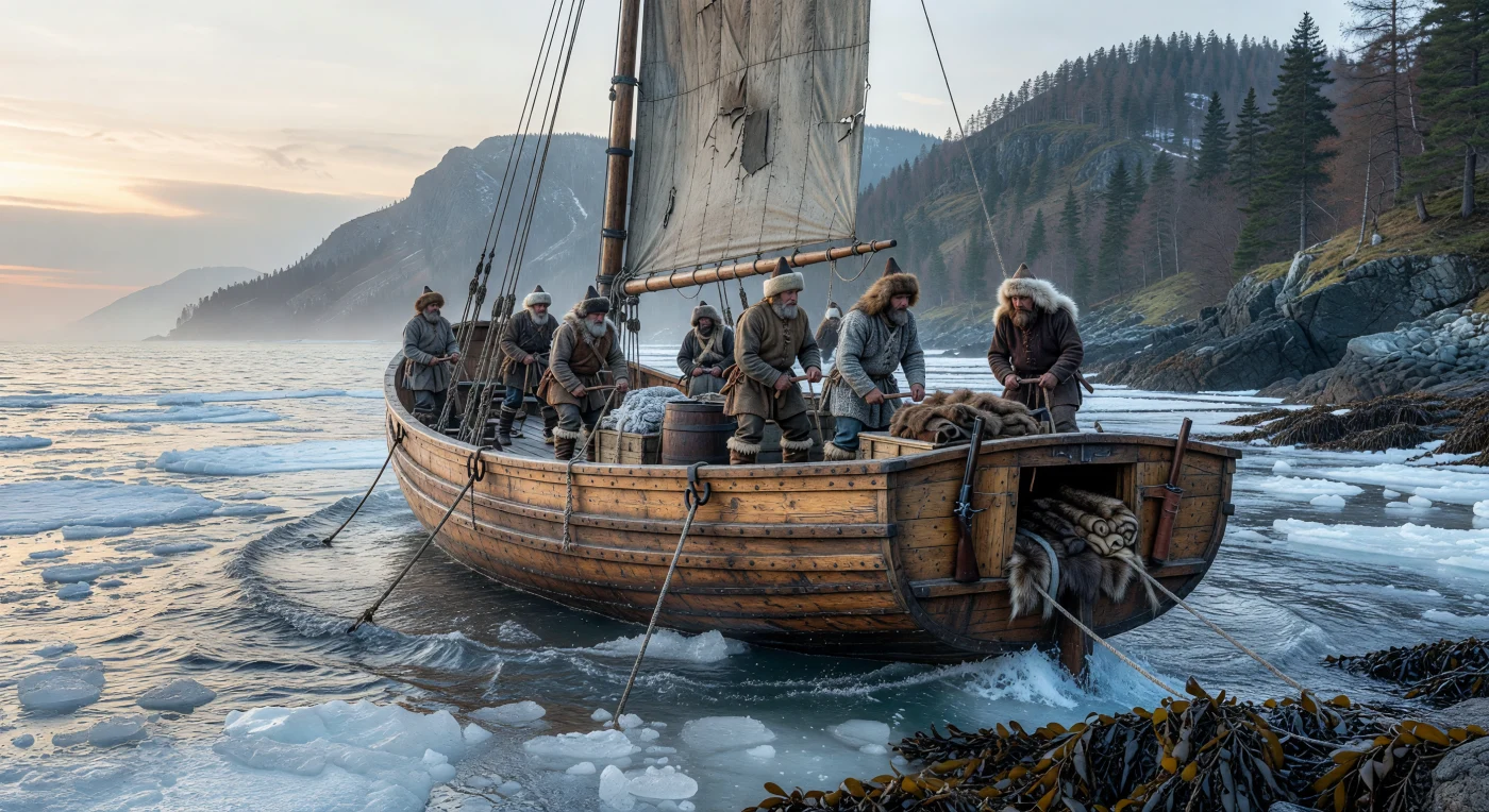 17世紀後半の極寒のオホーツク海を、氷の圧力に耐える独特の丸みを帯びた船体を持つロシアの伝統的な木造船「コチ」が力強く進んでいます。船上では、毛皮交易、いわゆる「ソフト・ゴールド」を求めてシベリア東部へと進出したプロムィシュレンニキ（毛皮ハンター）やコサックたちが、流氷の混じる荒波の中で懸命に帆を操っています。霧に覆われたスタノヴォイ山脈を背に、クロテンなどの貴重な毛皮を運ぶこの航海は、ロシア帝国による北アジアの開拓と広大な交易網の確立を象徴する歴史的な一場面です。