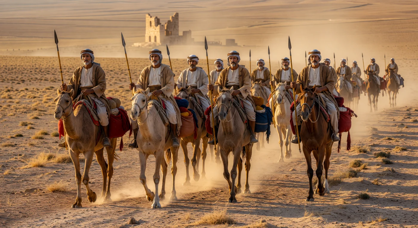 A Bedouin trade caravan traverses the arid Syrian Steppe during the mid-1820s, a period when nomadic tribes remained the vital backbone of trans-desert commerce within the Ottoman Empire. Mounted on lean Arabian horses and dromedaries, these travelers are equipped with traditional "rammah" spears and hand-woven camel-hair abayas, reflecting a lifestyle and material culture that persisted despite the burgeoning administrative reforms in distant Istanbul. The presence of a crumbling Roman-era watchtower in the background serves as a silent witness to the region's millennia-old role as a strategic crossroads for the exchange of silk, spices, and ideas.