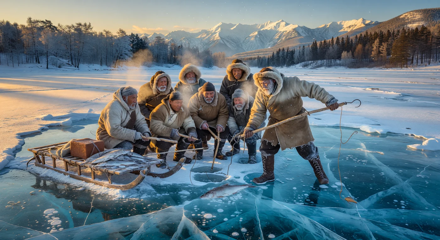 1840年代の凍てつくバイカル湖では、先住民ブリヤート人とロシア人の入植者が、トナカイの皮で作られた防寒着「マリッツァ」を纏い、厚く透明な氷の下から固有種のオムルを釣り上げていました。手鍛造の鉄製フックや馬の毛の糸といった伝統的な道具を用いる彼らの姿は、ロシア帝国による東方拡大期の厳しい自然環境における人々の知恵と共生を象徴しています。足元の透き通った氷にはメタンの泡が結晶のように閉じ込められ、背後には雪に覆われたサヤン山脈が静かにそびえ立っています。