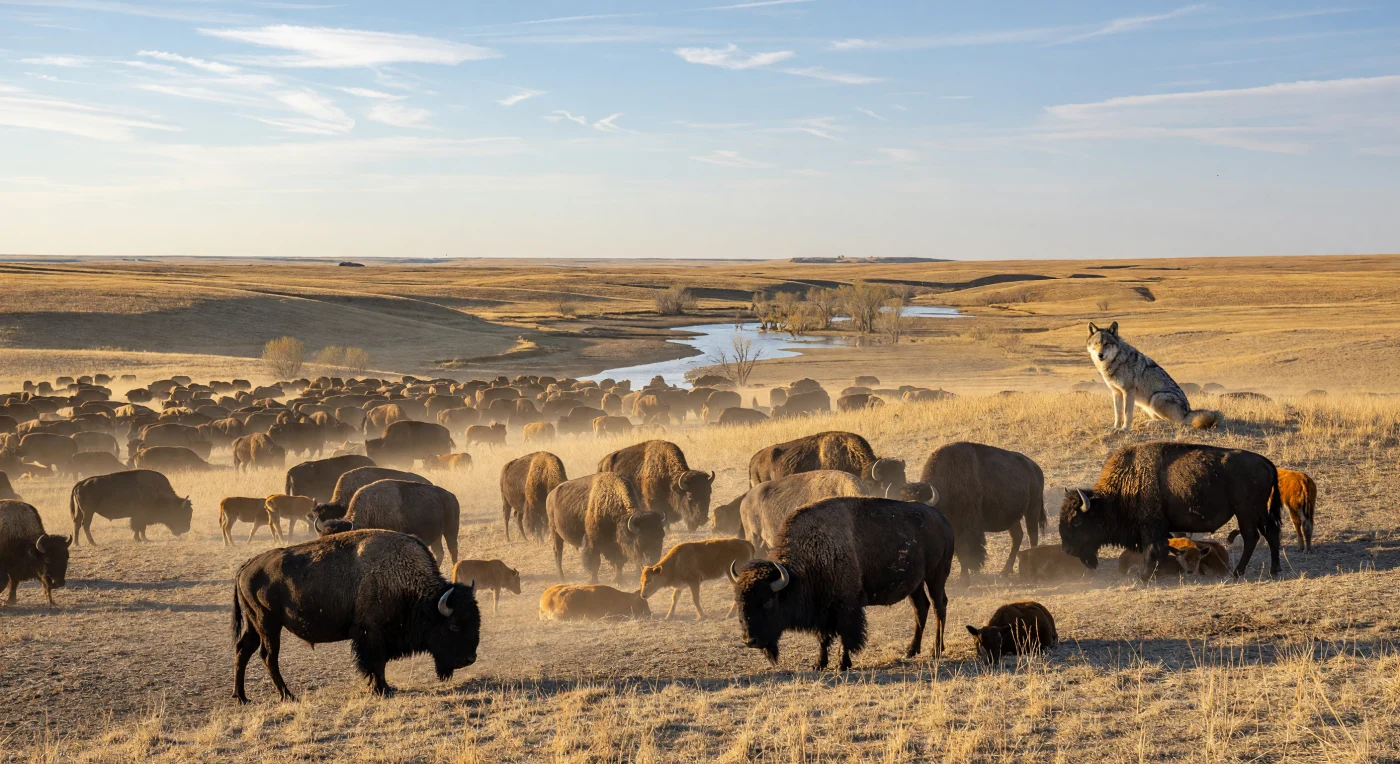 1840年頃のグレートプレーンズでは、数千頭のアメリカバイソンが黄金色の草原を埋め尽くし、地平線まで続く手つかずの野生が広がっていました。夕日に照らされた砂埃の中、草を食む巨大な群れを、遠くの丘から一匹のハイイロオオカミが静かに見守っています。この情景は、産業化や乱獲によって生態系が激変する直前の、北米大陸における圧倒的な生命の豊かさと、先住民たちの暮らしを支えた広大な「ビッグ・スカイ」の原風景を象徴しています。