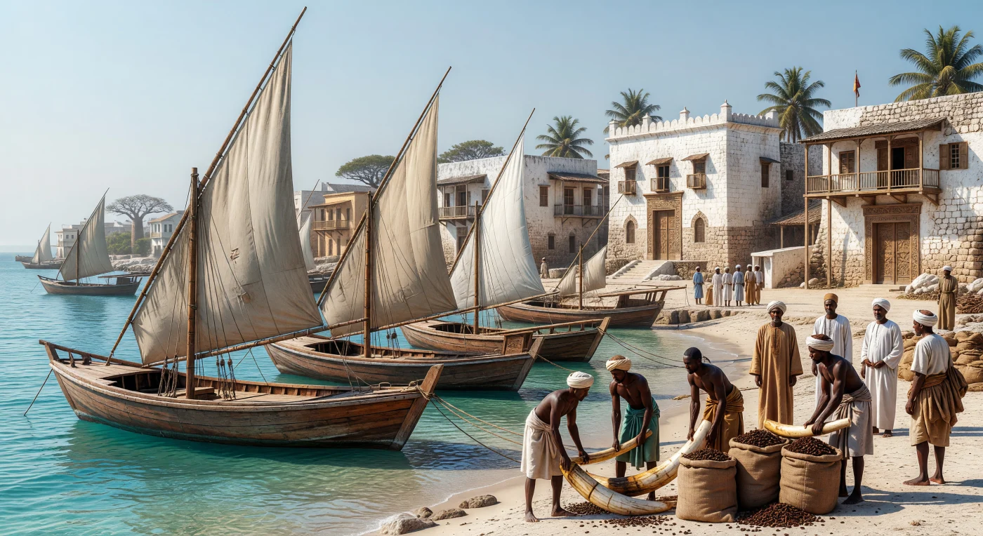 1890년대 벨 에포크 시대, 잔지바르 스톤 타운의 에메랄드빛 해안에는 삼각형 돛을 단 전통 다우선들이 모여 인도양 무역의 황금기를 재현합니다. 스와힐리족 노동자들이 거대한 코끼리 상아와 향긋한 정향 자루를 분주히 하역하는 가운데, 배경으로는 산호석으로 지어진 술탄의 궁전과 정교한 오만 양식의 건축물들이 위용을 자랑합니다. 이 활기찬 항구의 풍경은 당시 아프리카와 아시아를 잇던 상업적 요충지이자 다채로운 민족과 문화가 교차하던 잔지바르의 역사적 위상을 생생하게 보여줍니다.