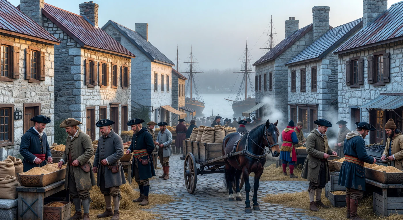 1750년경 퀘벡 시티 하부 도시(Basse-Ville)의 활기찬 시장 풍경으로, 화재에 강한 주석 지붕과 두꺼운 석조 건물이 늘어선 돌길 위에서 상인들이 교역에 열중하고 있습니다. 프랑스계 캐나다인 정착민들은 전통적인 카포트(capote) 코트와 화려한 화살표 허리띠(ceinture fléchée)를 착용하고 있으며, 튼튼한 캐나다산 말이 끄는 수레에는 당시 주요 생산품이었던 밀 자루와 단풍당이 가득 실려 있습니다. 세인트로렌스강의 안개 너머로 상선들의 돛대가 보이는 이 광장은 북미 식민지 시대의 경제적 중심지이자 유럽인과 원주민 무역상들이 교류하던 역동적인 삶의 현장을 생생하게 보여줍니다.