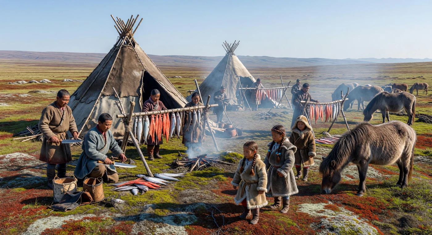 18世紀のシベリアの広大なツンドラに、トナカイの皮を張った円錐形テント「チュム」が並ぶエヴェンキ族の夏の野営地が広がっています。人々が冬に備えて魚を干し、毛むくじゃらのヤクート馬が永久凍土の苔を食む傍らで、厚い毛皮のパーカを纏った子供たちが遊ぶこの光景は、ロシア帝国の東方進出が進む激動の時代にあっても、自然と共に生きる先住民の逞しい伝統を象徴しています。樺の皮の容器や鉄製のヤクートナイフといった日常の道具からは、厳しい極北の環境に適応した彼らの高度な生活の知恵を垣間見ることができます。