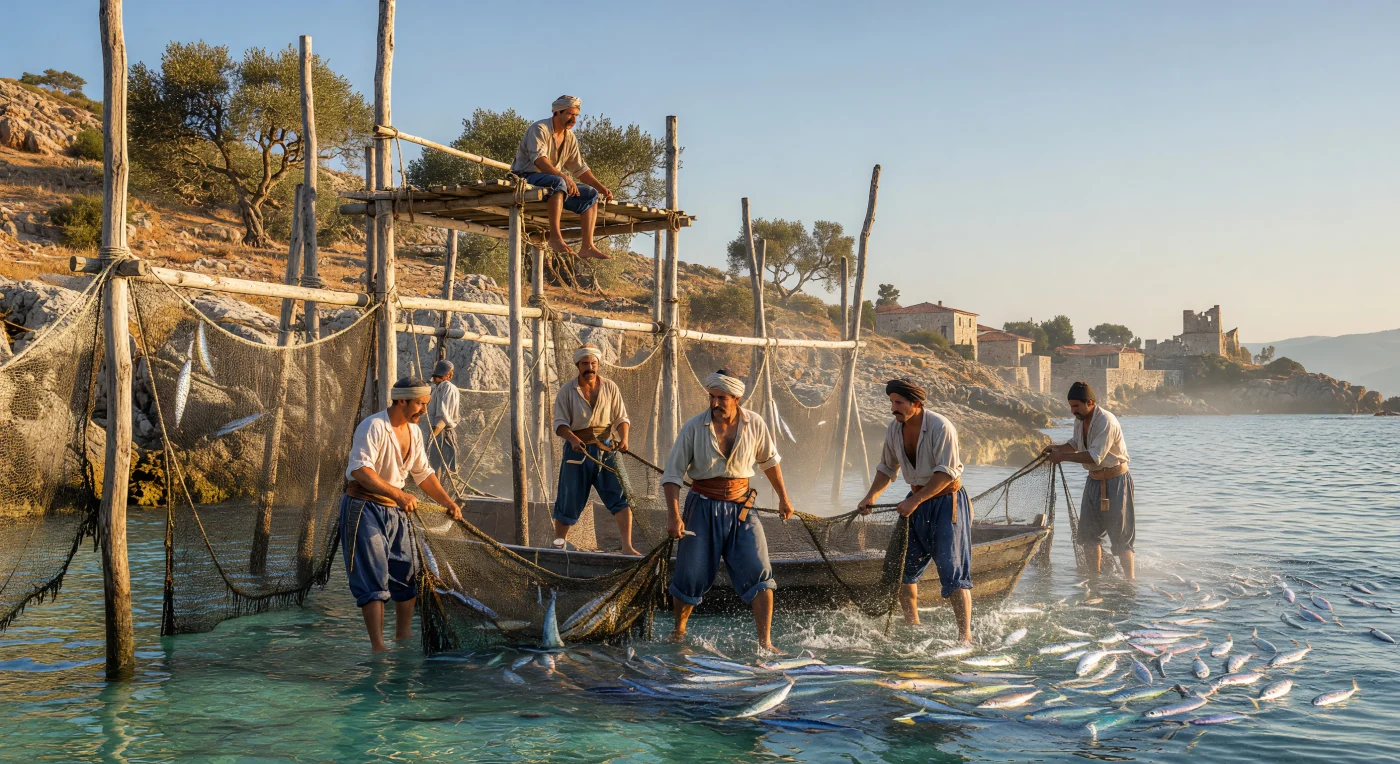 In this 18th-century scene along the Ottoman Aegean coast, fishermen operate a *dalyan*, a sophisticated stationary weir designed to trap migrating schools of *palamut* (Atlantic bonito). Laborers in traditional cotton *şalvar* and linen *gömlek* haul heavy hemp nets onto a wooden *kayık*, while an observer perched on a timber platform monitors the turquoise waters for the dark shadows of approaching fish. This labor-intensive method, which remained largely unchanged for centuries, underscores the vital importance of seasonal maritime harvests to the regional economy and the Ottoman diet during the Early Modern era.