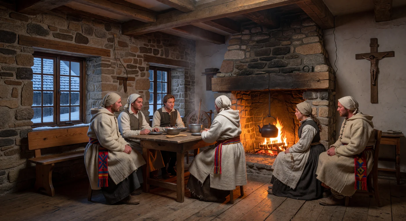 A *habitant* family gathers within the thick fieldstone walls of a traditional *maison canadienne* during a frigid mid-18th-century winter in New France. The scene captures the essential elements of colonial life along the St. Lawrence, from the warmth of the massive central hearth to the distinct attire of the era, including heavy wool *capotes* cinched with hand-woven *ceintures fléchées*. These sturdy dwellings, with their steep roofs and deep-set windows, served as vital sanctuaries where French-descendant families preserved their traditions and social bonds against the harsh North American climate.