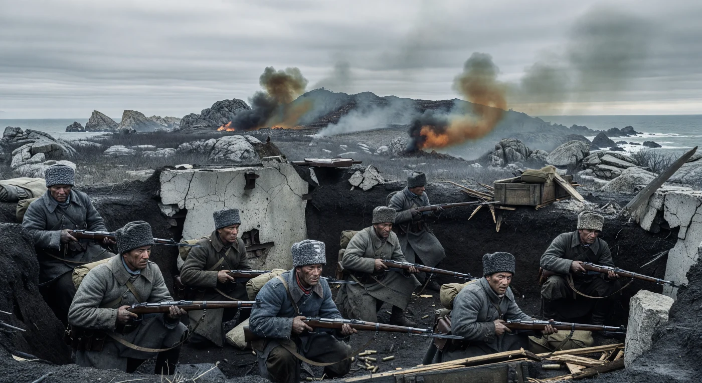 1904年の日露戦争、旅順攻囲戦におけるシベリア狙撃兵の防衛線の様子です。厚手の羊毛外套とパパーハ帽を纏った兵士たちが、硝煙たなびくコンクリートの塹壕でモシン・ナガン小銃を構え、凍てつく遼東半島の荒野と黄海を背に緊迫した時を過ごしています。この情景は、帝政ロシアの極東拡大と近代戦の凄惨な現実を象徴する歴史的な一幕を鮮明に描き出しています。