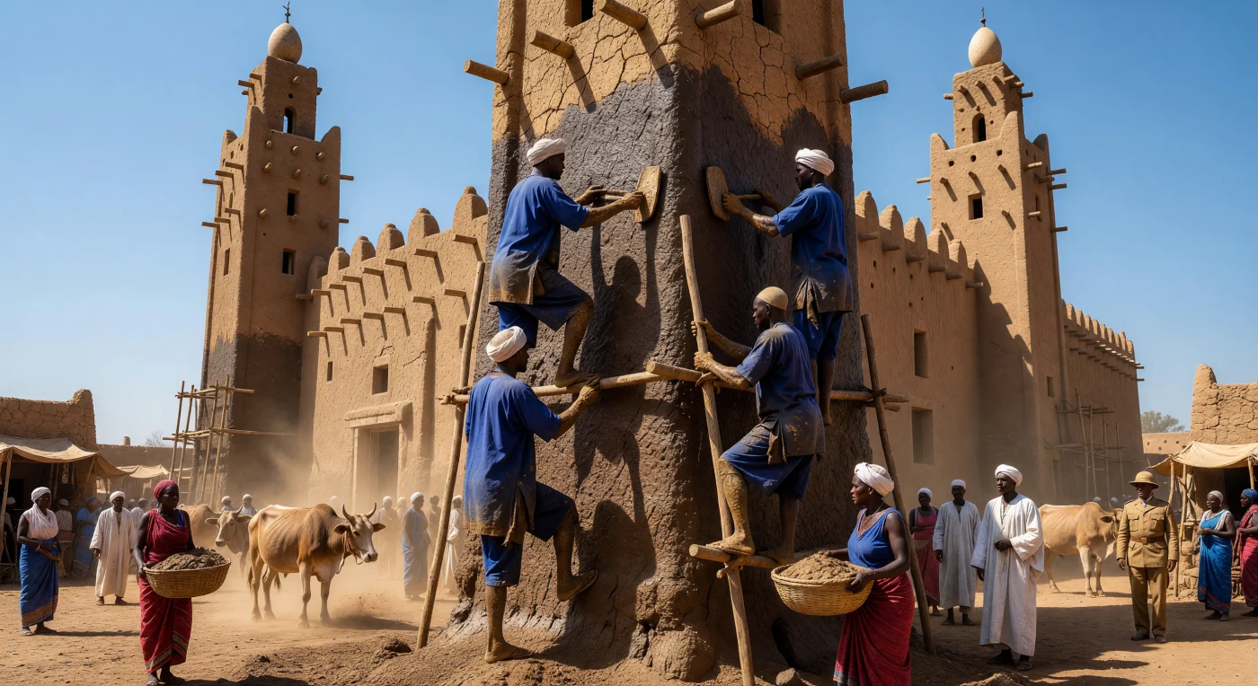 1907年、西アフリカ・マリのジェンネにて、スーダン・サヘル様式の傑作である大モスクを修復する「クレピサージュ（壁塗り替え）」の光景です。熟練の職人たちが「トロン」と呼ばれるヤシの杭を足場に、灼熱の太陽の下で「バンコ」と呼ばれる泥をリズミカルに塗り広げています。尖塔に掲げられたダチョウの卵は豊穣を象徴し、ベル・エポック期の植民地化という激動の中でも、地域共同体の結束と古来の伝統が力強く受け継がれている様子を物語っています。