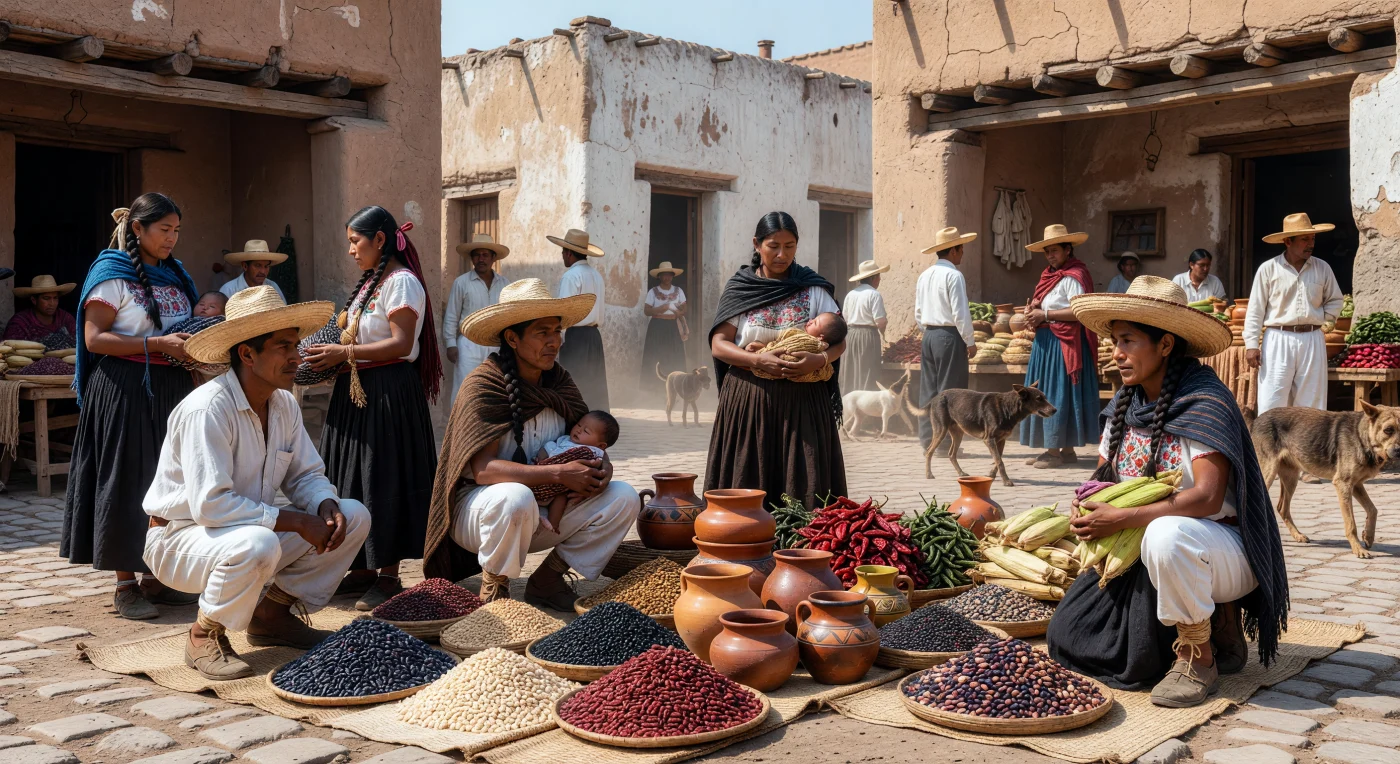 1920 के दशक के उत्तरार्ध में मैक्सिको के मध्य पर्वतीय क्षेत्र के इस जीवंत बाजार में स्वदेशी और मेस्टिज़ो विक्रेता पारंपरिक सफेद सूती 'कैल्ज़ोन' और 'रेबोज़ो' पहने अपनी फसलें प्रदर्शित कर रहे हैं। यह दृश्य क्रांति के बाद के 'इंडिजेनिसमो' युग को दर्शाता है, जिसमें देश ने अपनी स्वदेशी जड़ों और कृषि विरासत को नई राष्ट्रीय पहचान के रूप में अपनाया था। धूप से तपे इस चौक में रखे रंग-बिरंगे मक्के के ढेर और मिट्टी के बर्तन उस समय के बदलते सामाजिक परिवेश और ग्रामीण जीवन के गौरव की एक सजीव झलक पेश करते हैं।