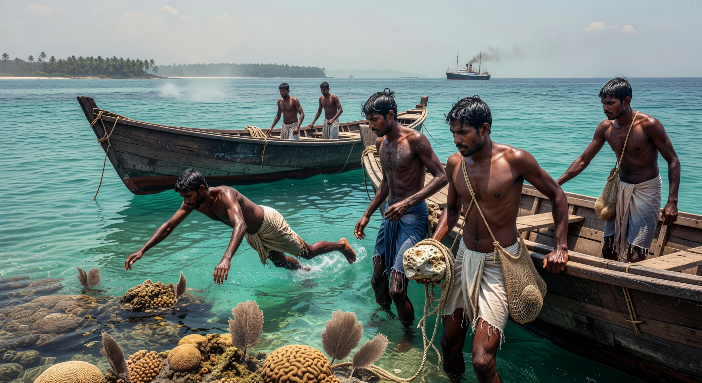 1935년경 마나르만의 투명한 바다에서 타밀족 잠수부들이 전통적인 마술라 배를 이용해 진주 조개를 채취하는 고된 노동의 현장입니다. 별도의 장비 없이 무거운 석회암 추에 의지해 심해로 뛰어드는 이들의 모습은 인공 진주와 현대식 장비가 등장하기 전 수천 년간 이어져 온 고대 진주 산업의 마지막 전성기를 생생하게 보여줍니다. 수평선 너머로 보이는 영국 증기선의 연기는 당시 대영제국 치하 실론의 식민지 무역과 산업화가 공존하던 시대적 배경을 암시합니다.