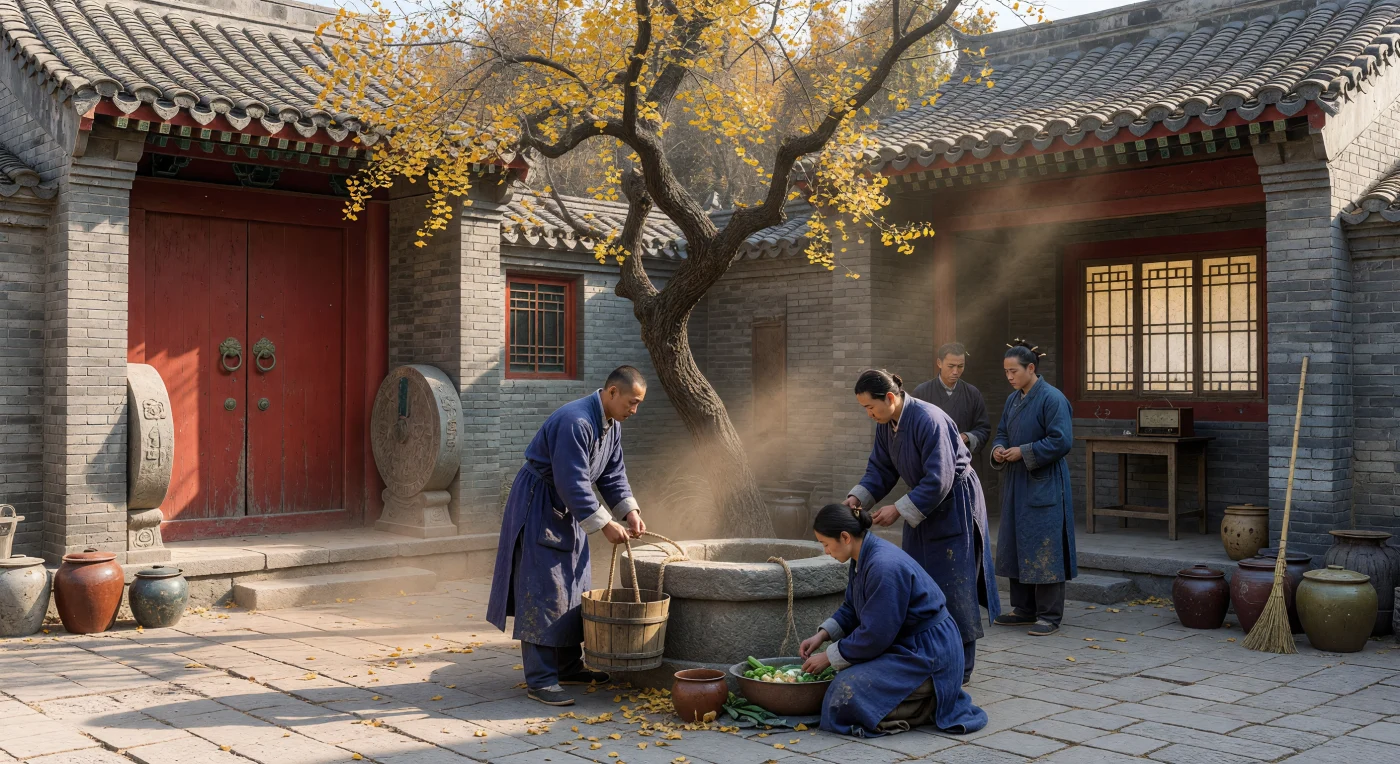 1937년 가을 베이징, 전통 가옥인 사합원(siheyuan)의 고요한 마당에서 한 가족이 평범한 아침을 맞이하고 있습니다. 짙은 남색 솜옷을 입고 우물가에 모인 이들의 여윈 모습은 중일전쟁 초기 식량 부족으로 고단했던 당시 민초들의 삶을 생생하게 투영합니다. 노랗게 물든 은행나무와 낡은 회색 벽돌이 자아내는 평화로운 정취 이면에는, 창 너머 진공관 라디오가 암시하듯 급변하는 근대화와 전쟁의 긴장감이 교차하고 있습니다.