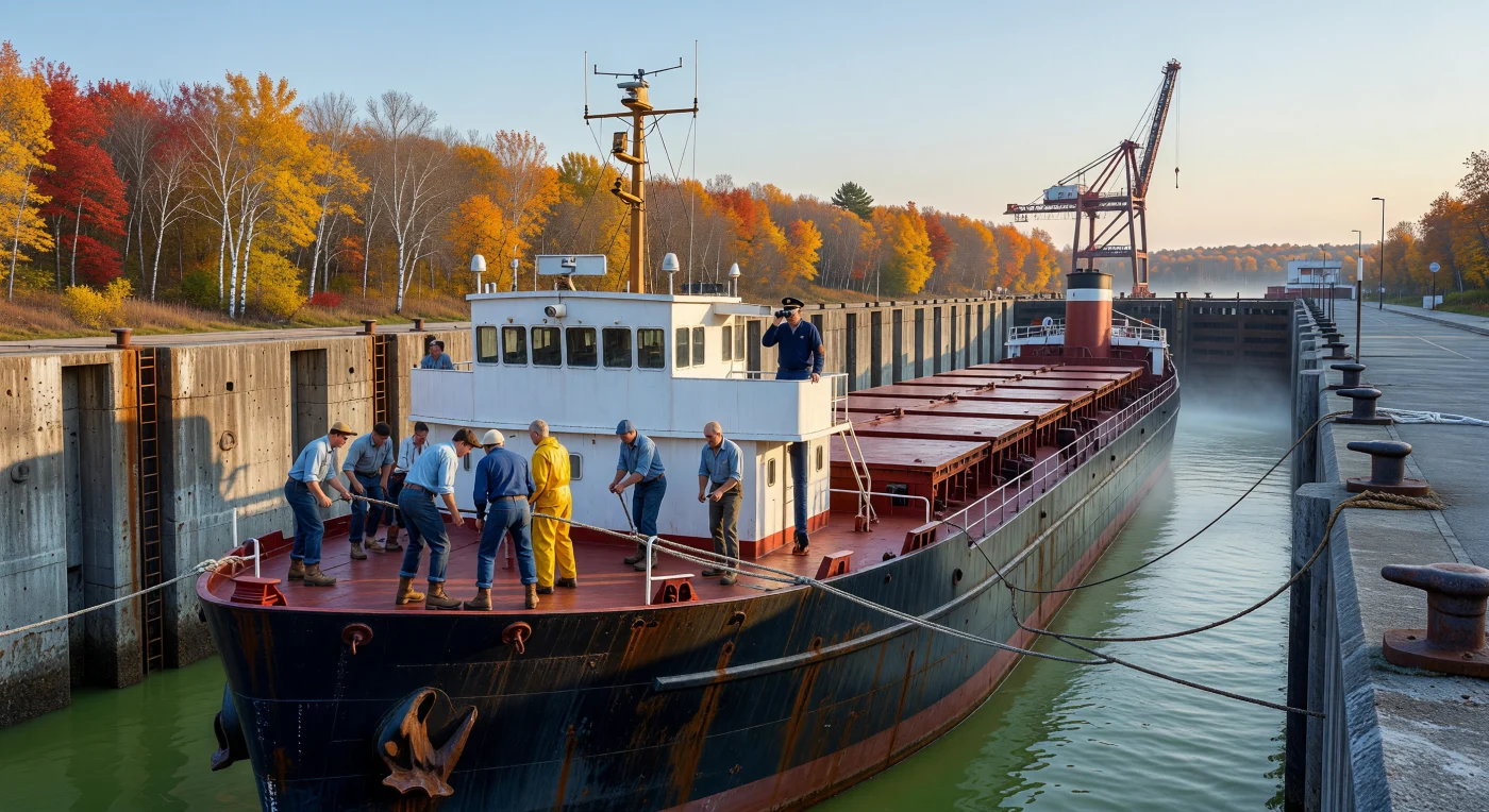 1960年代後半、紅葉に彩られたセントローレンス海路を航行する「レイカー」と呼ばれる巨大なバルクキャリア（散積み貨物船）が、重厚なコンクリート造りのロック（閘門）を通過する様子を描いています。船首に配置された白い操舵室と長い赤褐色のデッキが特徴的なこの船上では、当時の典型的な作業服に身を包んだ船員たちが係留作業に勤しみ、ブリッジからは士官が双眼鏡で前方を見守っています。第二次世界大戦後の産業発展を象徴するこの光景は、伝統的な造船様式と近代的なレーダー技術が共存し、北米の内陸部と世界を結ぶ大動脈が最も活気に満ちていた時代を物語っています。