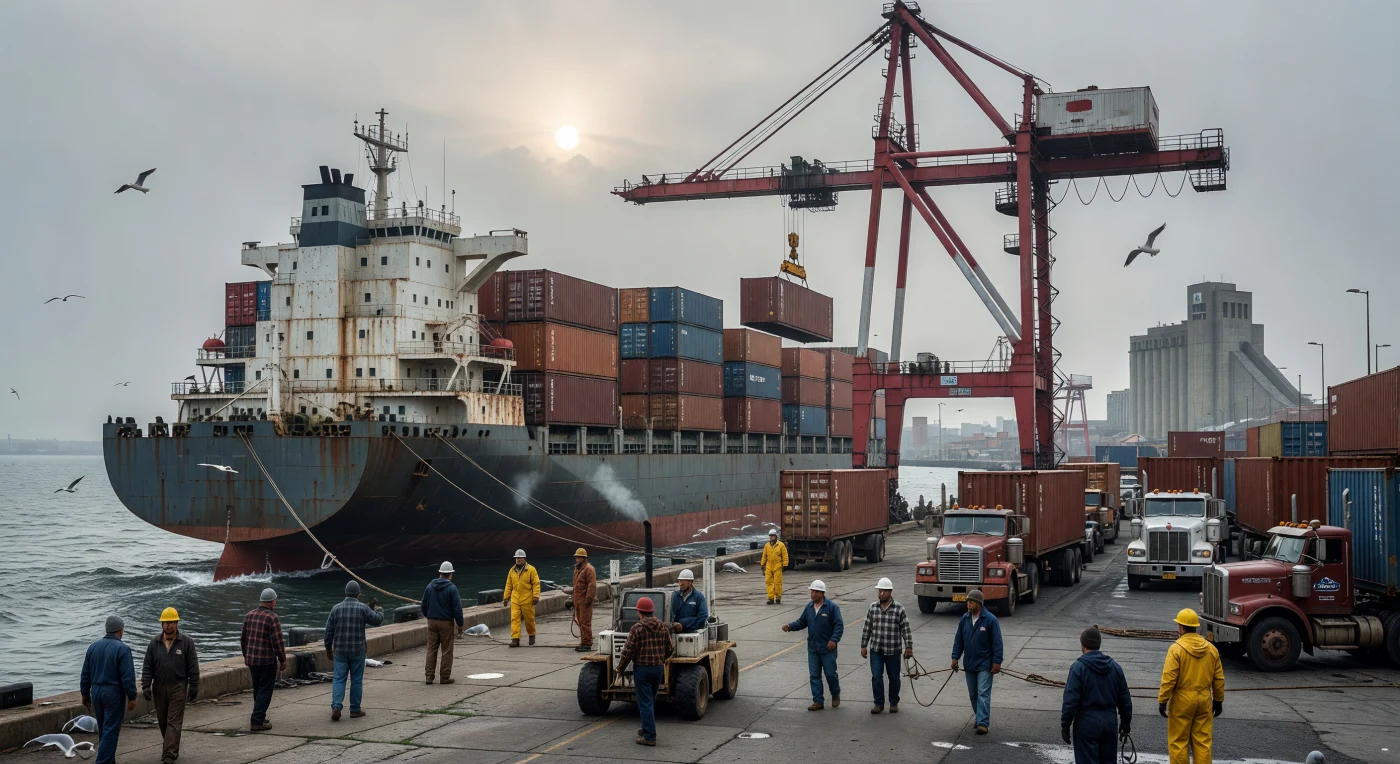 1970 के दशक के अंत में मॉन्ट्रियल बंदरगाह का यह दृश्य वैश्विक व्यापार में 'कंटेनराइजेशन' के क्रांतिकारी युग को जीवंत करता है। सेंट लॉरेंस नदी के किनारे खड़ा यह विशाल प्रथम-पीढ़ी का मालवाहक जहाज और उस पर लदे रंग-बिरंगे स्टील कंटेनर पारंपरिक समुद्री शिपिंग से आधुनिक औद्योगिक रसद (logistics) की ओर बढ़ते बदलाव के प्रतीक हैं। विशाल लाल गैन्ट्री क्रेन और भारी मशीनों के बीच काम करते ये डॉकवर्कर्स उस ऐतिहासिक मोड़ को दर्शाते हैं, जहाँ मैन्युअल श्रम का स्थान धीरे-धीरे वैश्विक आपूर्ति श्रृंखलाओं और मानकीकृत मॉड्यूलर शिपिंग ने ले लिया था।