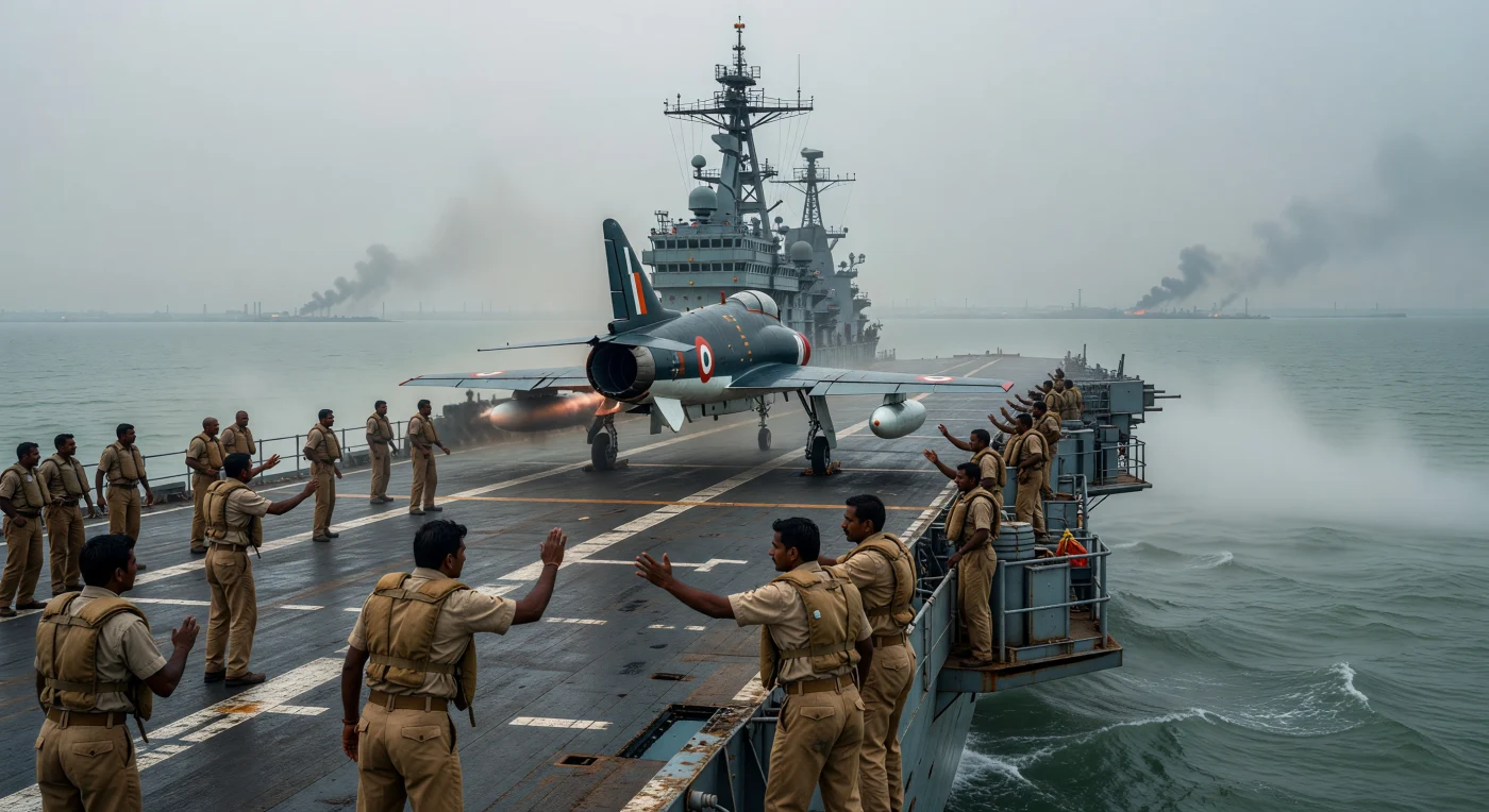 1971年のバングラデシュ独立戦争中、ベンガル湾の深い霧に包まれた空母「ヴィクラント」の甲板から、インド海軍のホーカー・シーホーク戦闘機が発艦する緊迫の瞬間が描かれています。ヴィンテージの救命胴衣を着用した乗組員たちが手信号で操縦士を誘導する中、艦隊はチッタゴン港の海上封鎖を敢行し、地域の歴史を決定づける重要な任務を遂行しました。遠くに見える煙と湿った熱帯の空気感は、南アジアの現代史における転換点となったこの軍事衝突の規模と緊張を鮮明に物語っています。