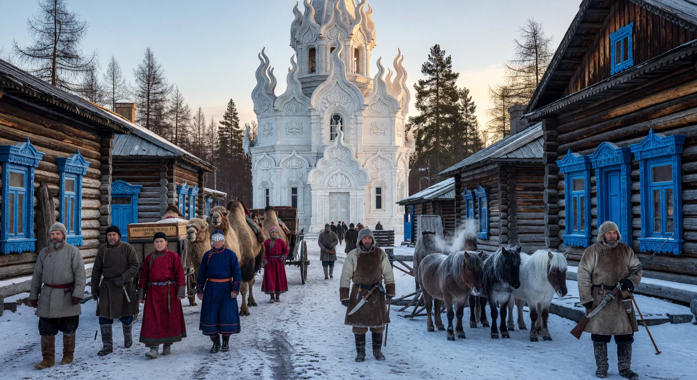 19세기 중반 시베리아의 무역 거점이었던 이르쿠츠크의 풍경으로, 화려한 불꽃 모양의 박공이 돋보이는 백색의 시베리아 바로크 양식 교회와 선명한 푸른색 창틀이 달린 전통 통나무집 '이즈바'가 강렬한 대조를 이룹니다. 이 거리는 벽돌 차를 실은 낙타 행렬을 이끄는 부랴트족 상인들과 순록 가죽 옷을 입은 야쿠트족 사냥꾼, 그리고 러시아 코사크들이 뒤섞여 당시 유라시아를 잇던 활기찬 문화적 교차로의 모습을 생생하게 보여줍니다. 혹독한 추위 속에서도 동서양의 미감이 조화를 이룬 이 도시는 러시아 제국의 동방 확장과 북아시아의 전통적인 삶이 만나 빚어낸 독특한 역사적 현장을 상징합니다.