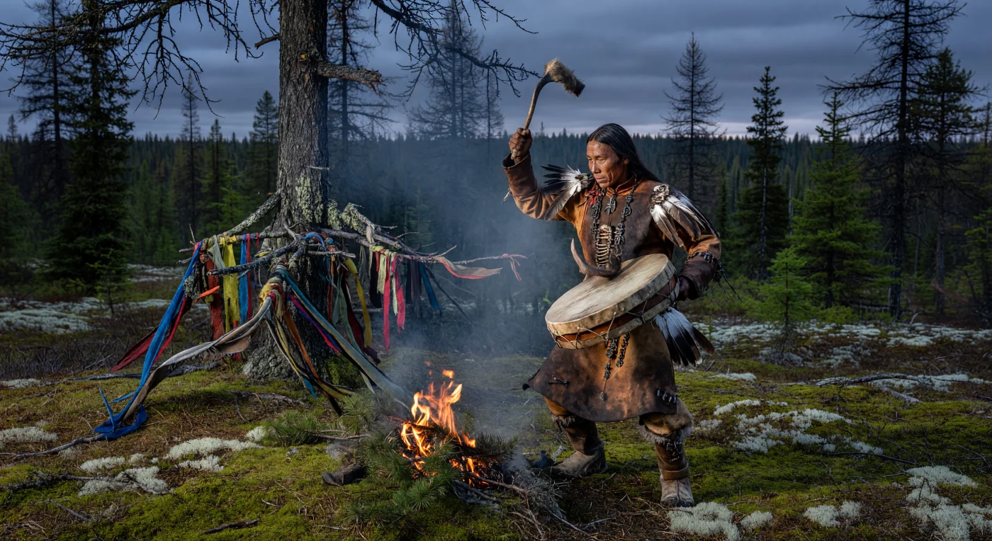 19世紀末、シベリアの深いタイガにて、エヴェンキ族のシャマンがトナカイ革の装束と鉄製の呪具を身にまとい、神聖な儀式を執り行っています。精霊が宿るとされる古木のカラマツには、交易路を通じてもたらされた色鮮やかな絹の布が結びつけられ、極寒の空気の中で伝統的な祈りが捧げられています。この光景は、シベリア鉄道の敷設による急速な近代化の波が押し寄せる直前、北方アジアで数世紀にわたり受け継がれてきた自然への畏敬と精神世界を鮮烈に象徴しています。