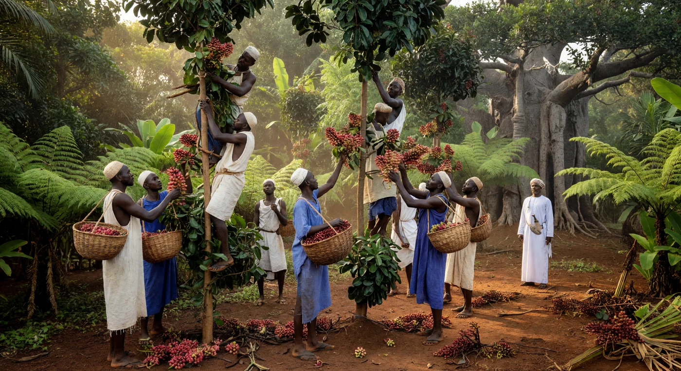 १८४० के दशक में ज़ांज़ीबार के उंगुजा द्वीप पर, स्थानीय मज़दूर ऊंचे सदाबहार लौंग के पेड़ों पर चढ़कर ताज़ी कलियों को पारंपरिक 'उकिली' टोकरियों में इकट्ठा कर रहे हैं। ओमान के सुल्तान के शासनकाल के दौरान हुए इस 'लौंग उछाल' ने द्वीप के परिदृश्य को विशाल बागानों में बदल दिया, जिसने ज़ांज़ीबार को वैश्विक मसाला व्यापार का प्रमुख केंद्र बना दिया था। यह दृश्य उस ऐतिहासिक दौर को जीवंत करता है जब हिंद महासागर के व्यापारिक मार्गों ने पूर्वी अफ्रीका की अर्थव्यवस्था और सामाजिक ढांचे को गहराई से प्रभावित किया था।