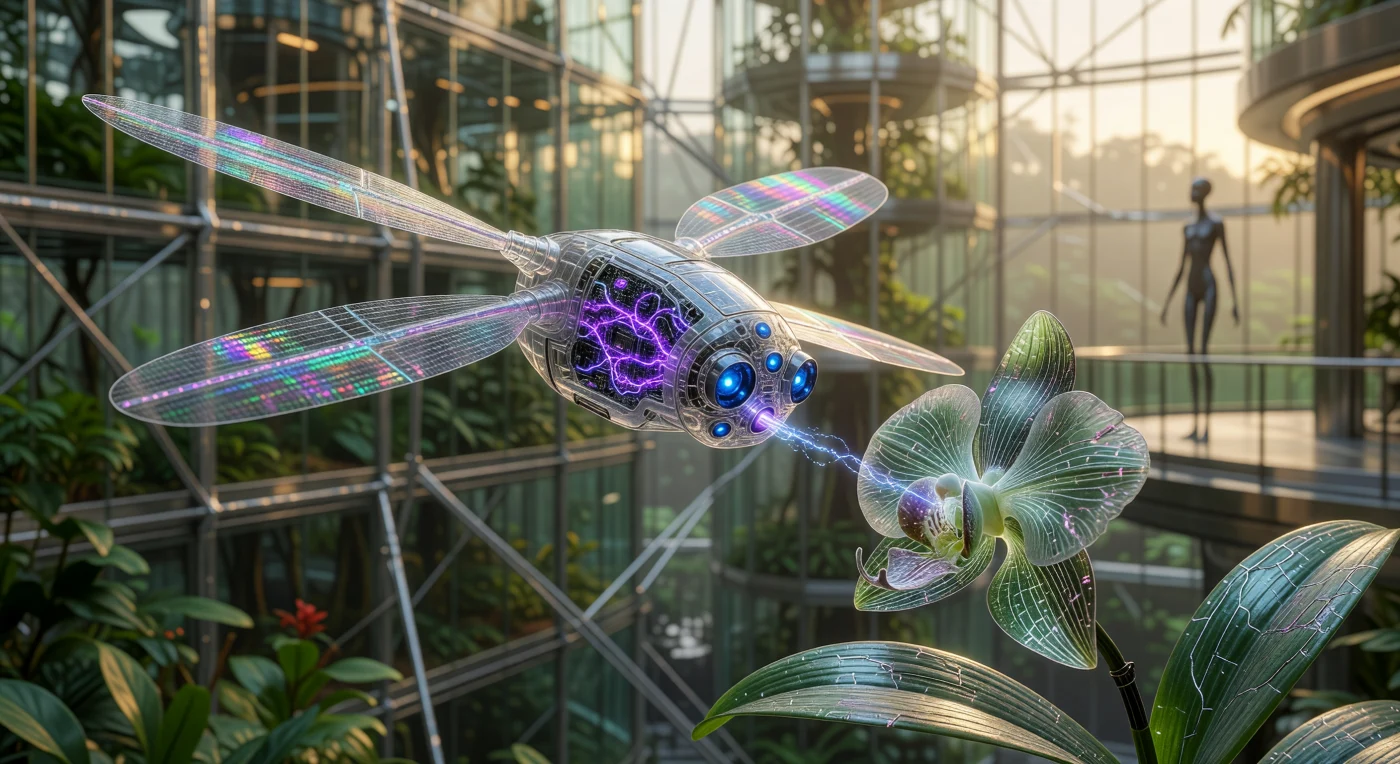 24世紀、人類が「大分岐」の時代を迎えた地球の巨大アーコロジー内では、生物学と工学が不可分に融合した新たな生態系が構築されていました。高強度の炭素繊維翅を持つ「V-4型バイオメカニカル・ポリネーター」が、サファイアセンサーで標的を捕捉し、人工植物「クリスタル・オーキッド」との間で微細な誘導放電による遺伝データと栄養素の高速交換を行っています。透明な外骨格越しに拍動する量子ドット・プロセッサの光は、自然界の模倣を超え、高度な演算によって管理されたこの時代の「自動化された自然」の極致を物語っています。