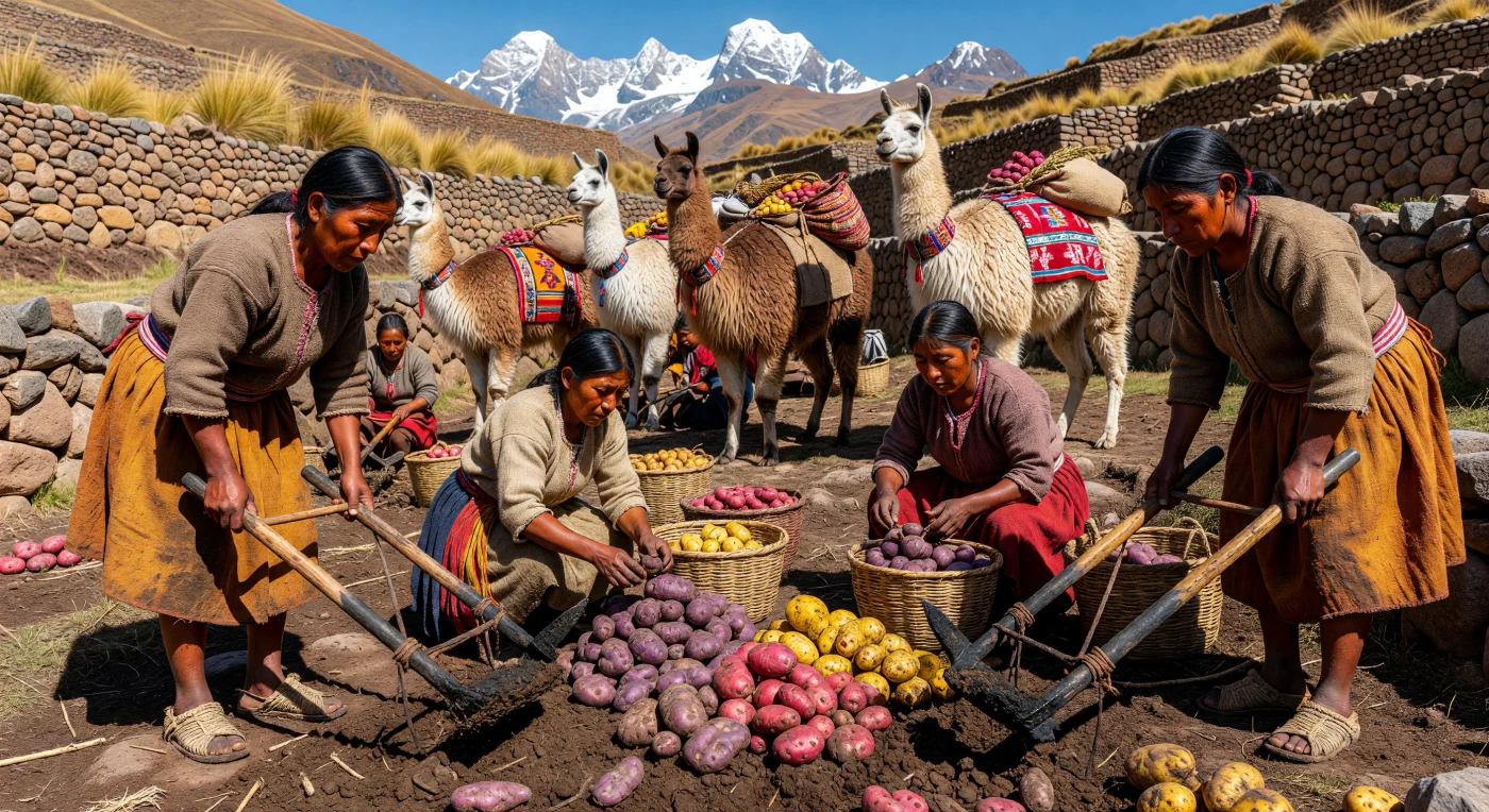 4世紀のアンデス高地、石積みの段々畑（アンデネス）では、農民たちが伝統的な足踏み耕作棒「チャキタクリャ」を用いて、色鮮やかなジャガイモを掘り起こしています。アルパカの毛で織られた華やかな荷鞍を付けたリャマが傍らで待機する中、人々は薄く澄んだ空気の下で、自然と調和した力強い共同体労働を繰り広げています。この情景は、過酷な環境を克服し、高度な農業・土木技術を確立した古代アンデス文明の豊かな生活文化を鮮やかに物語っています。