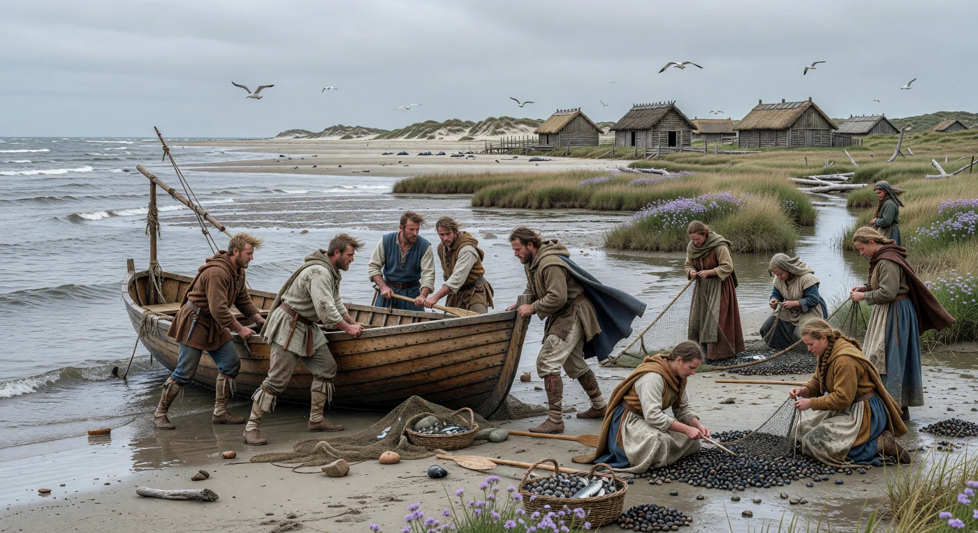 회색 구름이 낮게 드리운 5세기 북해 연안에서 어부들이 겹판으로 만든 작은 목선을 젖은 모래사장 위로 힘껏 끌어올리고, 곁에서는 여성들과 아이들이 조개를 줍고 그물 바늘로 해진 그물을 손질한다. 이 장면은 프리시아나 색슨 해안처럼 로마 제국의 북서 경계 밖 바다 공동체의 일상을 보여 주며, 얕은 하구와 갯벌에 맞춘 배와 식물섬유 그물, 조개 채집은 생계와 교역을 함께 떠받친 중요한 기술이었다. 갈매기가 선회하고 먼 모래톱에 물개가 누운 차갑고 거친 풍경은, 후기 고대 북해 세계가 바다와 조수의 리듬에 맞춰 살아가던 사회였음을 생생하게 전한다.
