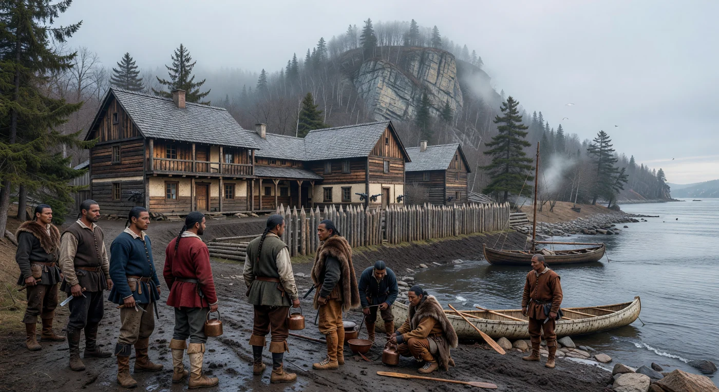 Esta cena retrata a "Habitação" de Samuel de Champlain em 1608, um complexo fortificado de madeira e argamassa situado às margens lodosas do Rio São Lourenço, sob a imponente falésia do Cabo Diamante. Colonos franceses vestidos com gibões de lã e seus aliados Innu e Algonquin reúnem-se no pátio, evidenciando as alianças estratégicas e o comércio de peles fundamentais para a fundação da Nova França. A atmosfera úmida e o terreno coberto de neve derretida capturam a realidade precária e o isolamento dos primeiros europeus que buscaram estabelecer uma presença permanente no rigoroso clima canadense.