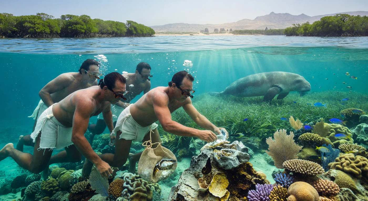 This scene illustrates the arduous labor of 9th-century pearl divers along the Red Sea coast, a region vital to the maritime trade networks of the Abbasid Caliphate. Equipped only with polished tortoiseshell nose clips and hand-knotted hemp bags, these divers harvested *Pinctada radiata* oysters from the vibrant coral reefs to satisfy the global demand for luxury gems. The surrounding ecosystem, featuring grazing dugongs and dense *Avicennia marina* mangroves, reflects the pristine maritime environment of the Hijaz during the Early Middle Ages.