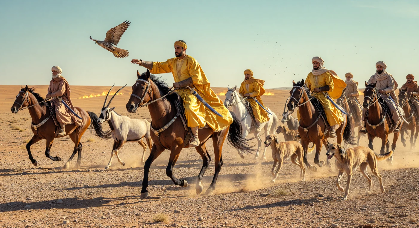 Tijdens de bloeiperiode van het Abbasidische Kalifaat in de negende eeuw galoppeert een gezelschap hooggeplaatste ruiters in saffraangele zijden kaftans over de uitgestrekte grindvlaktes van het Nabije Oosten. In deze dynamische scène worden een Saker-valk en atletische Saluki-windhonden ingezet bij de jacht op een Arabische oryx, een tijdverdrijf dat de enorme rijkdom en culturele verfijning van de Islamitische Gouden Eeuw weerspiegelt. De gedetailleerde uitrusting, van het zilveren filigraan op de zadels tot de zwaarden van hoogwaardig staal, getuigt van het vakmanschap en de prestige van de toenmalige elite.