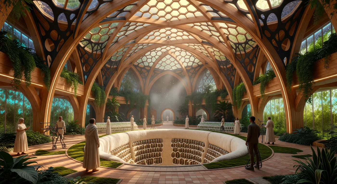 Esta representação de um Santuário Ecoteísta captura o auge da era do "Limiar" (cerca de 2045), um período de transição geológica e cultural onde a arquitetura se fundiu à biologia para enfrentar a volatilidade climática do Antropoceno. A vasta abóbada parabólica, construída em madeira de abeto (*Picea*) e reforçada com fibras de basalto, abriga um banco genético subterrâneo revestido por painéis aveludados de micélio isolante. Entre jardins verticais de hera-inglesa (*Hedera helix*) e luz filtrada por grafeno, esta estrutura exemplifica a "Grande Adaptação", servindo como um refúgio de biossegurança e um marco da engenharia simbiótica do século XXI.