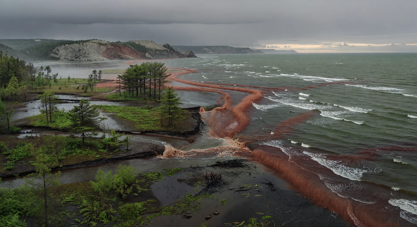 A storm-darkened Late Devonian coast along eastern Laurussia, about 370 million years ago, channels red-brown silt, plant debris, and ash-rich sediment from Acadian uplands into a murky gray-green sea. Patchy early forests of Archaeopteris, lycopsids, and other primitive vascular plants line swollen river mouths, while offshore the plume-stained waters hint at dysoxic basin conditions typical of some Devonian shelves and basins. Small palaeoniscoid fishes and distant placoderms, including arthrodires, underscore a world in which tectonic uplift, expanding forests, and marine oxygen stress were becoming tightly linked.