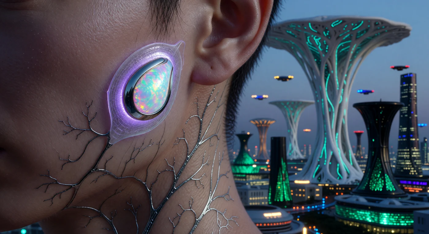 In het jaar 2062 markeerde de activatie van de Thorne Synaptic Bridge het hoogtepunt van de 'Augmented Dawn', een transformatieve periode waarin de grens tussen menselijke biologie en digitale technologie definitief vervaagde. Deze macro-opname toont een iriserende titanium node die via een grafeen-neuro-mesh direct is geïntegreerd met het zenuwstelsel van de mens (*Homo sapiens*), geflankeerd door functionele zilveren warmteafvoer-tatoeages langs de kaaklijn. De pulserende violette gloed symboliseert de overgang naar een tijdperk waarin de bewoners van bio-organische megasteden zoals Neo-Kyoto complexe data en vaardigheden als instinctieve herinneringen direct in hun connectoom konden integreren.