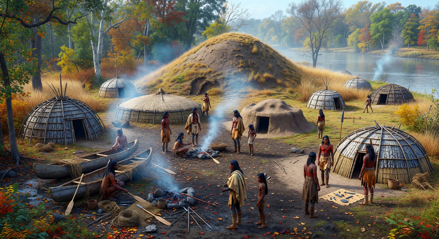 On an autumn river terrace in the Ohio Valley, people of the Adena tradition gather beside bark-covered domed houses, smoking hearths, and dugout canoes drawn up along the muddy bank, while a low grass-covered earthen mound rises behind them. Their deerskin and fiber clothing, ochre body paint, and ornaments of shell and native copper reflect the material world of the Eastern Woodlands between about 300 BC and 1 AD. Such mounds were part of a broader Adena ceremonial and mortuary landscape, linking everyday village life with ritual practice and long-distance exchange across much of eastern North America.