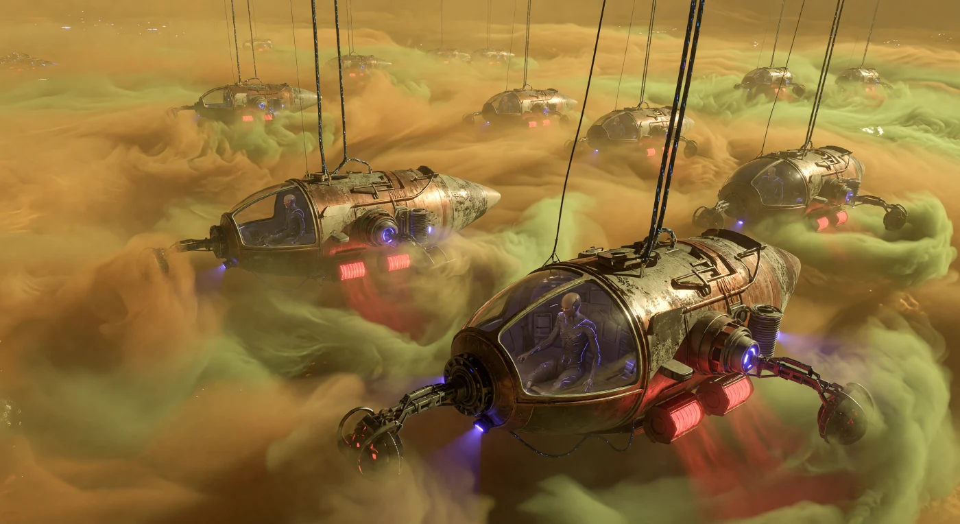 Diep in de verpletterende atmosfeer van Venus, op zo'n 20 kilometer boven het oppervlak, dalen gepantserde "Deep-Diver" vaartuigen af om vitale zwavelverbindingen te oogsten uit de glinsterende, goudgele nevels. Tijdens de Solaire Expansie (2500–3000 n.Chr.) trotseerden deze submersibles van koper-beryllium een omgeving waar de druk zo extreem is dat gassen zich als vloeistoffen gedragen. Aan boord navigeren genetisch aangepaste "Aero"-mensen, herkenbaar aan hun versterkte borstkas voor hogedrukademhaling en holle botstructuren, door de kolkende vortexen van de Venusiaanse superrotatie. Deze industriële onderneming illustreert de uiterste grenzen van menselijke adaptatie en technologische overleving in de verzengende, toxische diepten van de Binnenring.