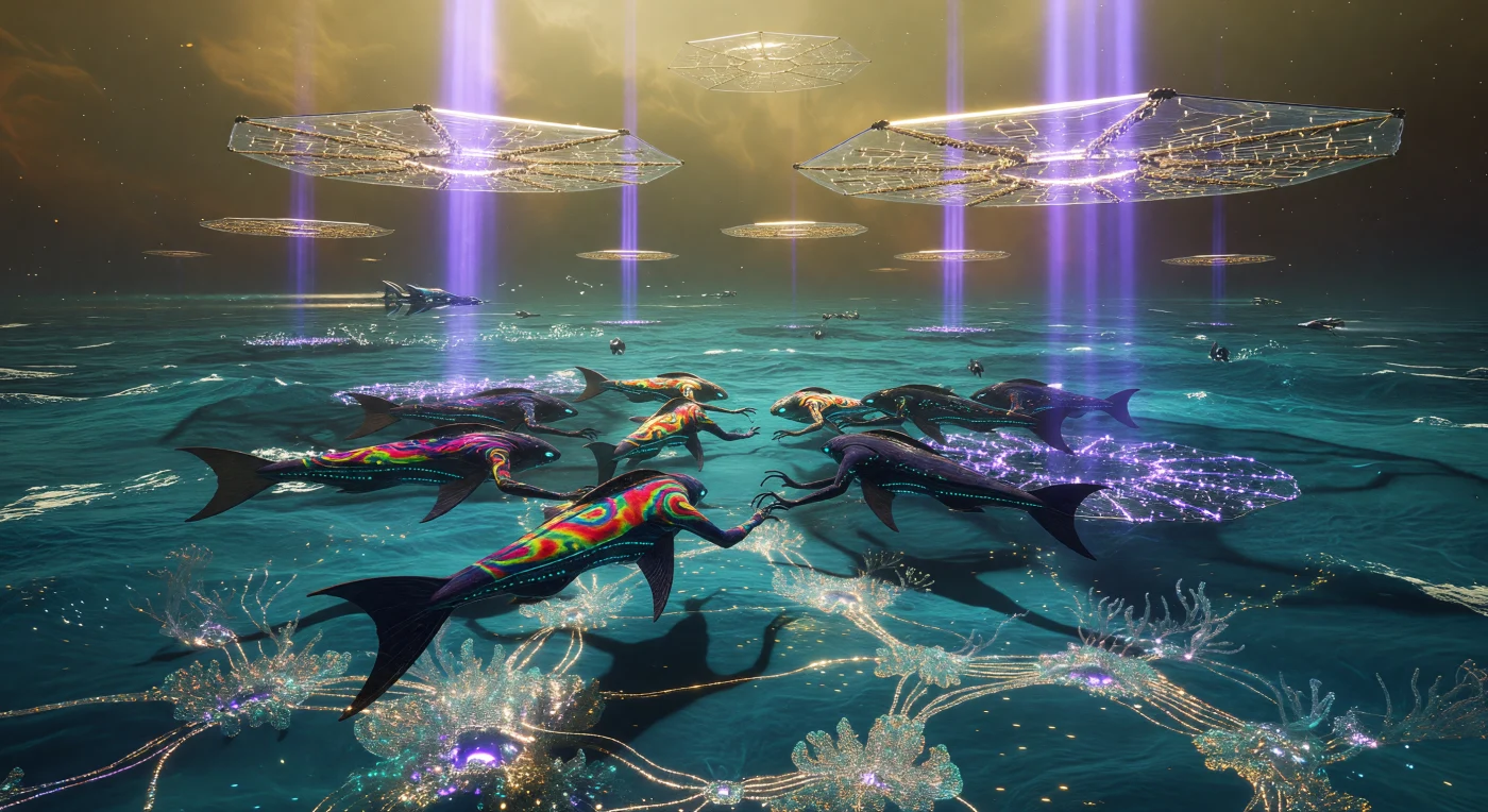 Beneath the turbulent, high-gravity surface of the ocean world Tau Ceti e, a pod of bio-engineered Cetus-Sapiens known as Aeronauts congregates during the Interstellar Dawn (c. 3000–5000 AD). These three-meter-long organisms utilize specialized chromatophore shifts and electro-receptive lateral lines to communicate silently while silhouetted against intense ultraviolet pillars focused by orbital "Golden Lenses." Floating above them, vast hexagonal "Rectenna Rafts" harvest stellar energy to power a planet-wide Bio-Lattice, illustrating the sophisticated integration of biological engineering and megascale technology required to inhabit this 120-kilometer-deep global hydrosphere.