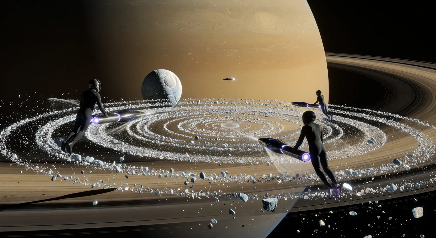 En el corazón del anillo B de Saturno, practicantes de la orden Chronos-Zen utilizan remolcadores magnéticos para organizar miles de millones de fragmentos de hielo en un mandala efímero de cincuenta kilómetros de diámetro. Esta expresión artística de la era de la Expansión Solar (siglos XXVI-XXX) es protagonizada por los Aeros, humanos adaptados genéticamente a la baja gravedad que manipulan materia primordial del sistema solar mediante campos de distorsión. La obra, situada frente a la colosal atmósfera de Saturno y la luna Encélado, simboliza la sofisticación de la Hegemonía Croniana, fusionando la ingeniería de vanguardia con la escala sublime del tiempo profundo planetario.