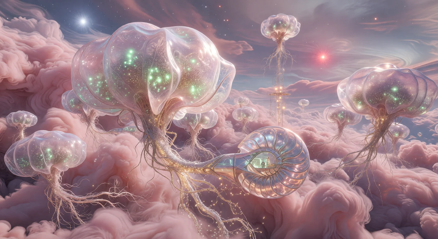 In den pastellrosa Methanwolken von Jupiter-Minor schweben die Phyto-Aero-Spheroiden, gigantische, genetisch modifizierte Organismen mit 200 Meter breiten Membranen, die durch biologischen Wasserstoff in der Schwebe gehalten werden. Diese „Aerosol-Orchideen“ stammen aus der Ära der Interstellaren Dämmerung (ca. 3000–5000 n. Chr.) und markieren einen technologischen Wendepunkt, an dem Architektur und Biologie zu einem einzigen, atmenden Ökosystem verschmolzen. Während kilometerlange, goldene Filamente Nährstoffe aus der dichten Atmosphäre filtern, bietet ein am organischen Geflecht verankertes, nautilusförmiges Wohnmodul einen fragilen Lebensraum für Menschen inmitten dieser gewaltigen, biolumineszenten Flora.