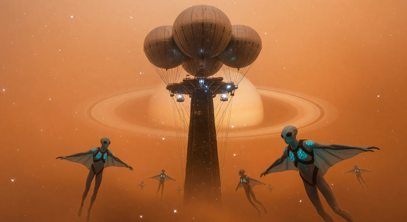 À la cime d'une aiguille de pykréte s'élevant à cinq kilomètres d'altitude, des spécimens de l'espèce *Homo adaptus* manœuvrent de colossaux aérostats d'oxygène au cœur de l'épaisse brume orangée de Titan. Durant l'ère de la Grande Divergence (2200-2500), ces post-humains de trois mètres de haut ont développé des membranes alaires pour « nager » dans une atmosphère quatre fois plus dense que celle de la Terre, bravant un environnement cryogénique à 94 K. Leurs téguments translucides et leurs communications bioluminescentes illustrent l'apogée de l'adaptation biologique face à la gestion de l'oxygène, devenu le pilier énergétique de cette civilisation installée sous l'ombre spectrale de Saturne.