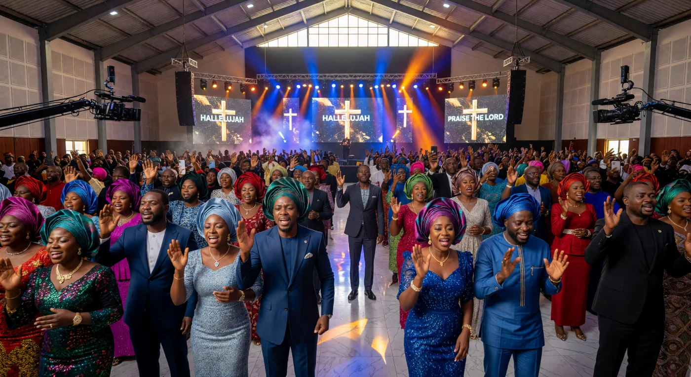 A vibrant congregation gathers for a Sunday service within a technologically advanced Lagos megachurch, illustrating the "Afropolitan" fusion of traditional spirituality and 21st-century modernity. Worshippers are seen in a sophisticated blend of bespoke Italian-style suits and intricate Nigerian lace garments, such as *Iro and Buba* paired with architecturally folded *Geles*. This scene captures a pivotal moment in Africa's Digital Age, where the urban middle class utilizes state-of-the-art LED displays and mobile technology to engage with faith, reflecting the continent's rapid urbanization and technological leapfrogging.