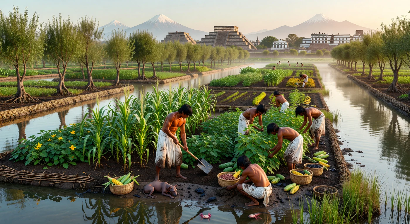 Gli agricoltori Mexica, chiamati *macehualtin*, coltivano con cura mais e zucche sulle *chinampas*, ingegnosi giardini galleggianti realizzati con strati di fango e canne intrecciate nelle acque del lago Texcoco. Sotto la luce dorata del mattino, i salici *huejote* ancorano queste isole artificiali al fondale, mentre sullo sfondo svettano i templi monumentali di Tenochtitlan e le vette innevate dei vulcani. Questa straordinaria opera di ingegneria idraulica permise all'Impero Mexica di sostenere una popolazione urbana vastissima, trasformando l'ecosistema lacustre in una delle zone agricole più produttive del mondo precolombiano.