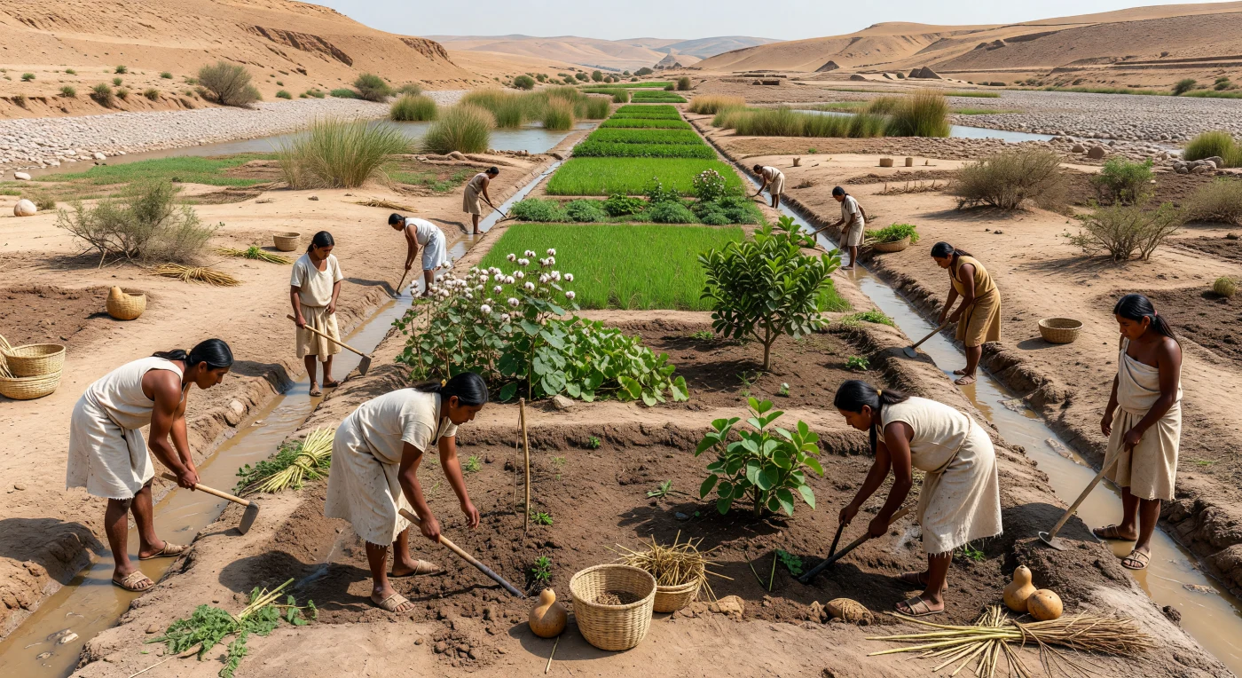Dans cette étroite vallée fluviale de la côte péruvienne, une bande de champs verts tranche vivement avec les pentes désertiques ocre qui l’enserrent, tandis que des agriculteurs autochtones, vêtus de simples étoffes de coton non teint, entretiennent à la main des canaux d’irrigation et cultivent coton, haricots, courges, goyaves et lucumas. Vers 300–180 av. J.-C., dans le monde andin de la fin de l’horizon de Caral-Supe et du début de la Période initiale, cette agriculture irriguée permettait à des communautés sans outils métalliques ni bêtes de trait de faire prospérer des oasis productives au cœur d’un paysage aride. Les paniers de fibres, les gourdes séchées et les bâtons à fouir en bois rappellent un quotidien fondé sur le travail collectif, où le coton servait autant aux textiles qu’aux filets de pêche des sociétés côtières.