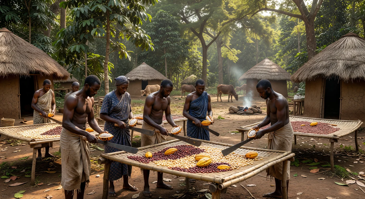 Em uma clareira de floresta na Costa do Ouro (atual Gana) por volta de 1935, agricultores Ashanti utilizam pangas de ferro artesanais para processar o cacau, espalhando as amêndoas sobre esteiras de bambu para secagem ao sol. Ao fundo, cabanas circulares de adobe com telhados de colmo compõem a paisagem de uma aldeia tradicional, onde a vida rural segue o ritmo das safras coloniais sob o domínio britânico. Esta cena captura o apogeu da produção cacaueira na África Ocidental no período entre guerras, refletindo uma economia baseada no trabalho manual e em recursos naturais antes da disseminação de materiais sintéticos modernos.