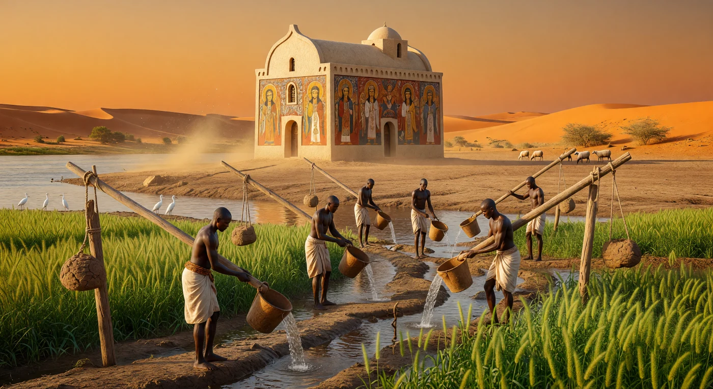 Agricultores nubios en el Reino de Makuria operan palancas de riego conocidas como *shadufs* para nutrir campos de mijo perla bajo el sol del siglo XII, aprovechando las aguas del Nilo para combatir la aridez del desierto circundante. Al fondo se alza una iglesia de arquitectura makuriana, cuyas paredes de adobe lucen frescos de estilo copto que reflejan la profunda identidad cristiana de esta región africana durante la Plena Edad Media. Esta estampa captura la armonía entre la ingeniería agrícola ancestral y el florecimiento cultural y religioso que definió la vida en la Nubia medieval.