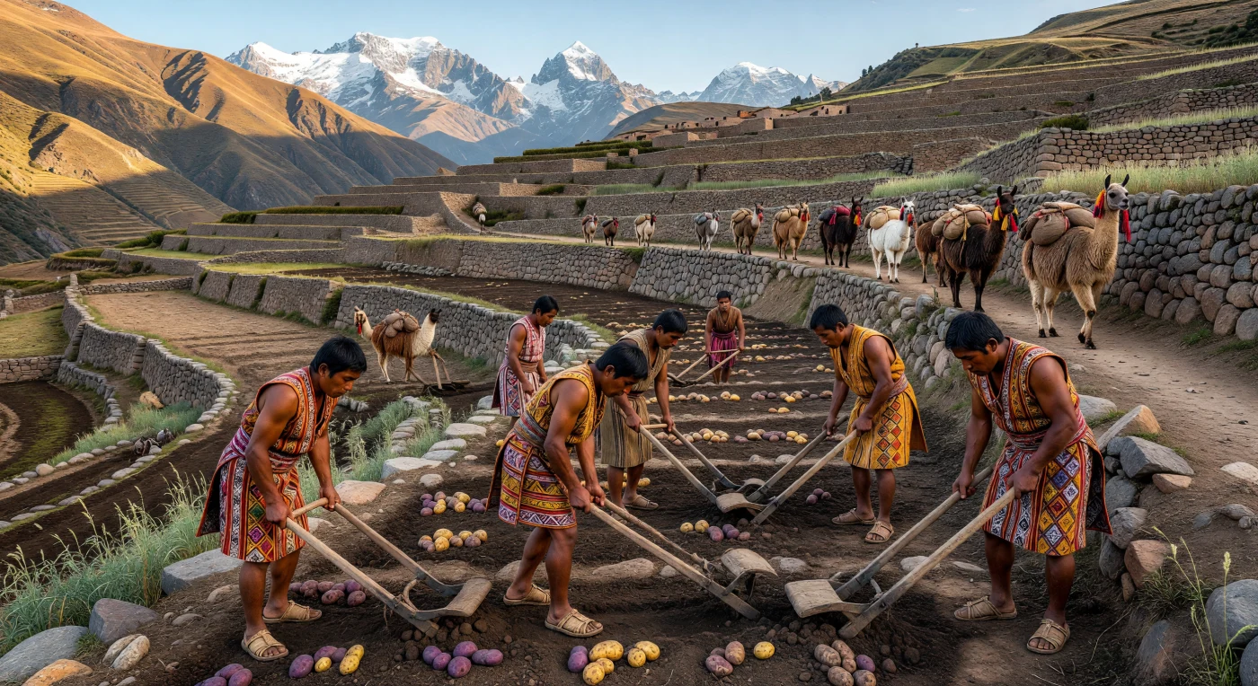 Agricultores do Império Wari utilizam arados de pé manuais (*chakitaqlla*) para cultivar batatas em terraços de pedra perfeitamente engenheirados, conhecidos como *andenes*, nas escarpas dos Andes peruanos por volta de 800 d.C. Vestidos com túnicas de lã adornadas com padrões geométricos complexos, esses trabalhadores demonstram a sofisticação agrícola que permitiu a expansão de uma das civilizações mais influentes da era pré-incaica. Enquanto a luz dourada do entardecer banha os picos nevados ao fundo, uma caravana de lhamas transportando lã e alimentos secos percorre trilhas estreitas, conectando o coração produtivo das montanhas aos distantes centros urbanos do império.